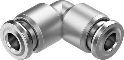 Metallisches, 90-Grad-Winkelrohrverbindungsstück mit zwei Öffnungen; glänzende Oberfläche. Verwendet in Maschinen- oder Rohrleitungssystemen.