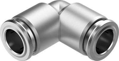 Metall-Eckverbinder mit zwei zylinderförmigen Anschlussstücken für Rohrleitungen.