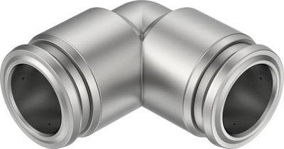 Metallener 90-Grad-Winkelverbinder mit runden Anschlussöffnungen an beiden Enden, glatt und silbern glänzend.