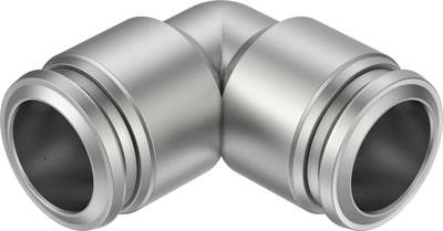 Metallisches L-förmiges Rohrverbindungsstück mit glatten Kanten, geeignet für die Verbindung von zwei Rohren in einem 90-Grad-Winkel.