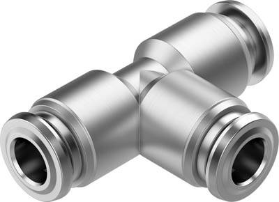 Ein silbernes T-Stück aus Metall, verwendet in Rohrleitungssystemen, zum Verbinden von drei Rohren in einem Winkel von 90 Grad.