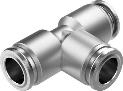 Metallisches Rohrverbinder in T-Form, geeignet für Pneumatiksysteme. Hauptsächlich silbern, zeigt Öffnungen an allen drei Enden.
