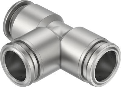 Metallisches T-Stück-Rohrverbindungsstück mit drei seitlichen Öffnungen. Verwendet für Sanitär- oder Hydraulikanwendungen.