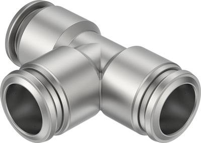 Metallisches T-Stück Rohrverbinder, silberfarben, mit glatten, abgerundeten Kanten. Geeignet für Verbindung von drei Rohrabschnitten.