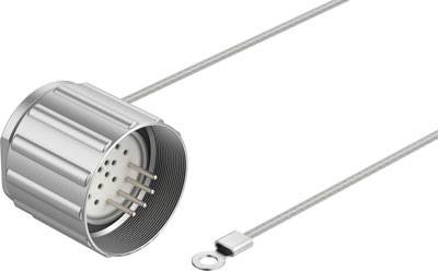 Metallischer Rundstecker mit abnehmbarem Kabel. Der Stecker hat mehrere Pins, das Kabel endet in einem Ringanschluss.