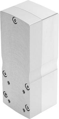 Silberner, rechteckiger Metallblock mit abgerundeten Kanten und mehreren Schrauben an der Seite.