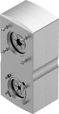 Rechteckiger Metallblock mit zwei kreisförmigen Öffnungen, sechs hervorstehenden Bolzen und kleinem, zentralem Zahnradmuster in jeder Öffnung.