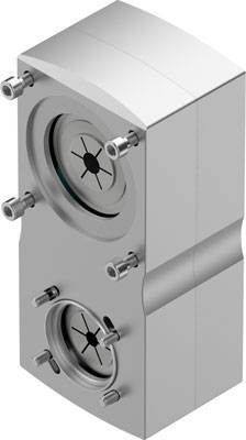 Zwei verbundene zylindrische Metallteile mit Schrauben und kreisförmigen Vertiefungen, möglicherweise Teil eines technischen Geräts.