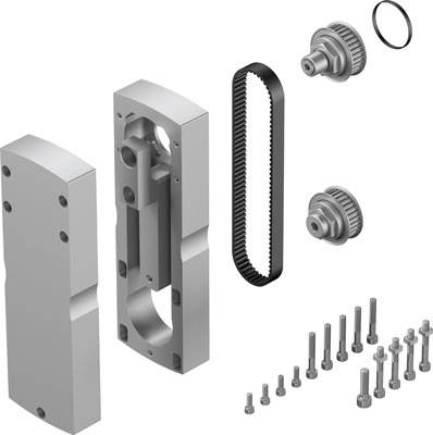 Explosionszeichnung eines mechanischen Bauteilsatzes mit Zahnrädern, Riemen, Schrauben und zwei Metallplatten.