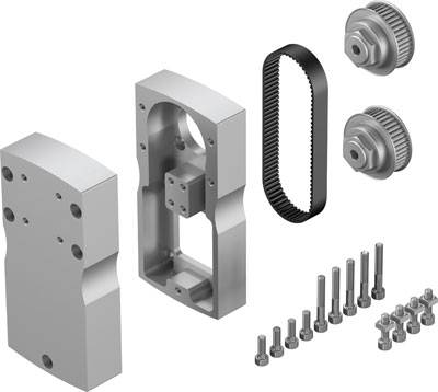 Montagesatz mit Schrauben, Zahnrädern und Zahnriemen, gezeigt in Einzelteilen. Geeignet für mechanische Anwendungen und Baugruppen.