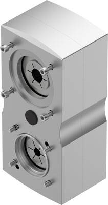 Ein silbernes mechanisches Bauteil mit Schrauben und runden Öffnungen, möglicherweise Teil einer größeren Maschine oder eines Geräts.