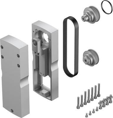 Zerlegte Baugruppe eines Maschinenmechanismus mit zwei Gehäuseteilen, Riemenscheiben, einem Riemen und mehreren Schrauben.