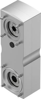 Graues, rechteckiges technisches Bauteil mit zwei kreisförmigen Öffnungen und mehreren Schraubverbindungen, vertikal ausgerichtet.