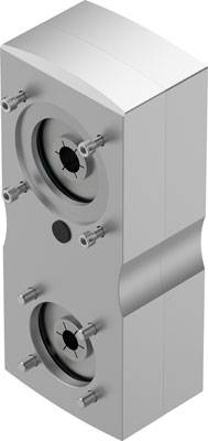 Ein silberfarbener mechanischer Adapter mit zwei vertikalen runden Anschlüssen und mehreren Schrauben an den Seiten.