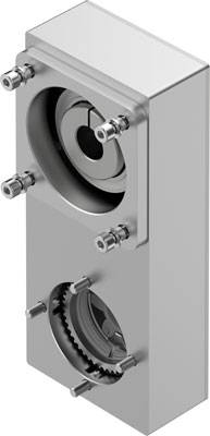 Metallisches rechteckiges Gehäuse mit zwei Kreisausschnitten, jeweils mit Schrauben. Oberer Ausschnitt hat zentrales kreisförmiges Element.