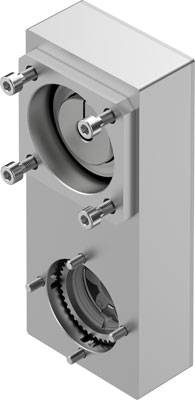 Ein rechteckiges Metallteil mit zwei runden Öffnungen, geschraubt mit jeweils vier Schrauben. Oben sichtbar ist ein Linsenteil.