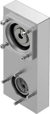 Ein rechteckiges Metallbauteil mit mehreren zylindrischen Bolzen und zwei runden Vertiefungen, möglicherweise für mechanische Verbindungen.