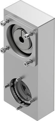 Gehäuseteil mit zwei runden Öffnungen und sichtbaren Zahnrädern, befestigt mit mehreren Schrauben; technisches Bauteil.