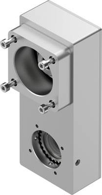 Metallisches Maschinenteil mit Schraubbefestigungen und zwei Öffnungen, wahrscheinlich für mechanische Verbindungen oder Befestigungen.