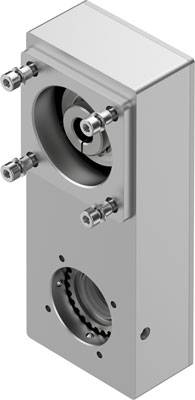 Rechteckige, silberne Metallkomponente mit Bolzen, sichtbare kreisförmige Aussparungen, vermutlich Teil eines mechanischen Systems.