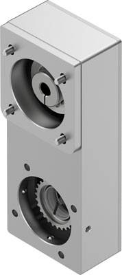 Metallgehäuse mit einem runden Zahnradsystem und Schrauben an den Ecken, wahrscheinlich Teil eines mechanischen Antriebs.