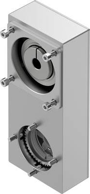 Metallischer Mechanismus mit Zahnrädern und Schrauben, Teil einer Maschine oder eines technischen Geräts, fokussiert auf Detailansicht der Komponenten.