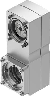 Silberfarbene, metallische Getriebekomponente mit zwei übereinanderliegenden runden Öffnungen, möglicherweise für mechanische Verbindungen.