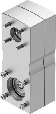 Metallischer zweigeteilter Block mit mehreren Schrauben und einem runden Hohlraum, möglicherweise ein Maschinenteil.