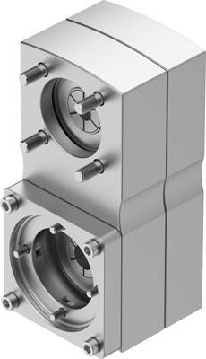 Zwei silberne, zylinderförmige Metallkomponenten, die vertikal gestapelt sind, mit je vier hervorstehenden Bolzen.