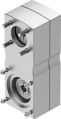 Zwei metallische Platten mit hervorstehenden Schrauben, übereinander gestapelt. Die obere Platte hat eine zentrale runde Vertiefung.