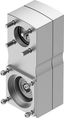 Silbernes Metallgehäuse mit mehreren befestigten Schrauben. Es besitzt zwei runde Öffnungen mit sichtbaren Lagern an der Vorderseite.