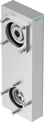 Rechteckiges Metallgehäuse mit zwei kreisförmigen Öffnungen und Zahnrädern. Markenlogo oben rechts.