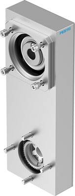 Metallisches rechteckiges Gerät mit Zahnrädern und Schraubgewinden, möglicherweise ein Maschinenteil, mit blauem 'Festo'-Logo oben rechts.