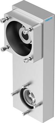 Ein silbernes, rechteckiges technisches Bauteil mit einem großen Lüfter oben und sechseckigen Schrauben an den Ecken.