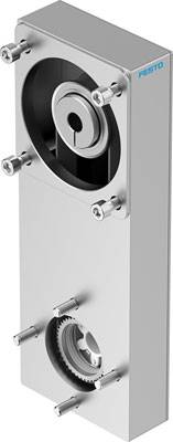 Metallisches, rechteckiges Gerät mit mehreren Schrauben und Zahnrädern. Oben ist eine runde Öffnung mit einem Montagemodul zu sehen.