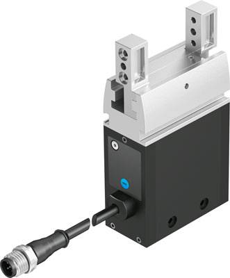 Elektrischer Greifer mit zwei parallel verlaufenden Greifbacken und Anschlusskabel, verwendet für präzise Materialhandhabung.
