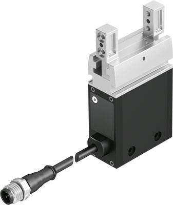 Ein elektrischer Greifer mit Kabelanschluss. Das Gerät hat eine schwarze Basis und silberne Greifarme, die vertikal ausgerichtet sind.
