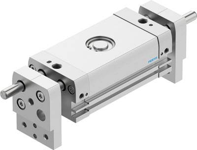 Ein kompakter pneumatischer Zylinder mit parallelen Führungsstangen. Er ist aus Metall, hat Anschlüsse und Halterungen.