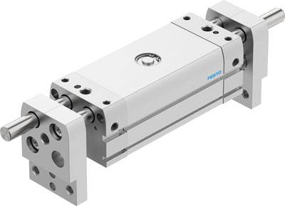 Ein pneumatischer Zylinder mit rechteckigem Gehäuse und zwei Kolbenstangen, bestehend aus Metall und Kunststoffteilen.