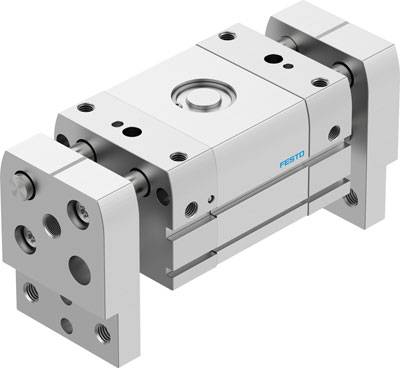 Pneumatischer Zylinder von Festo mit rechteckigem Gehäuse und mehreren Befestigungspunkten, dient zur Linearbewegungssteuerung.