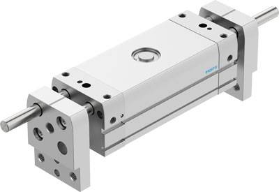 Silberner pneumatischer Zylinder mit zwei Kolbenstangen an den Enden. Markenname auf der Seite sichtbar.