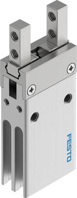 Pneumatischer Greifer von Festo, vertikale Ansicht. Besteht aus zwei parallelen Metallfingern auf einem rechteckigen Zylinderkörper.