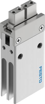 Ein 'Festo'-Pneumatikzylinder aus Metall, rechteckig, mit zwei Anschlüssen oben. Verwendet in industriellen Anwendungen für lineare Bewegung.