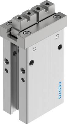 Silberner pneumatischer Greifer mit blauem 'Festo'-Logo, vertikal ausgerichtet. Geeignet für industrielle Automatisierungsanwendungen.