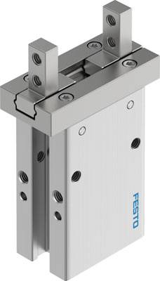 Pneumatischer Greifer von Festo, bestehend aus einem rechteckigen, silbernen Metallgehäuse mit zwei parallel angeordneten Greifern.