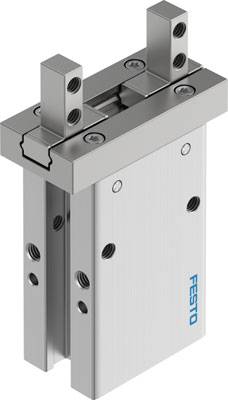 Ein pneumatischer Schlitten von Festo mit robustem Metallkörper und mehreren Befestigungspunkten, geeignet für industrielle Anwendungen.
