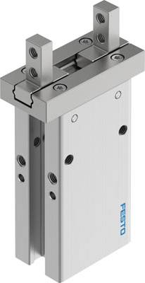 Pneumatische Greifzange aus Metall mit zwei parallelen Greifarmen, geeignet für präzise Handhabungsaufgaben in der Automatisierungstechnik.