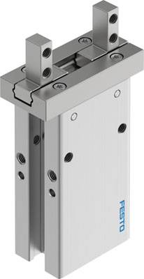 Pneumatische Parallelgreifer von Festo in silberner Farbe, geeignet für Automatisierungsanwendungen. Rechteckige Form mit zwei Greifarmen.