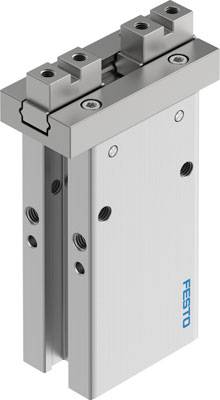 Abgebildet ist ein pneumatischer Greifer von Festo mit zwei Backen, die für Haltezwecke verwendet werden.