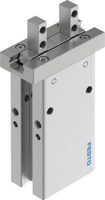 Ein pneumatischer Greifer von Festo aus Metall, mit zwei parallel verlaufenden, offenen Greifarmen, geeignet für industrielle Anwendungen.